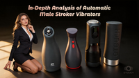 OTOUCH featured image for "In-Depth Analysis of Automatic Male Stroker Vibrators" showing a professional woman alongside a lineup of smart male masturbators including INSCUP and AIRTURN models.