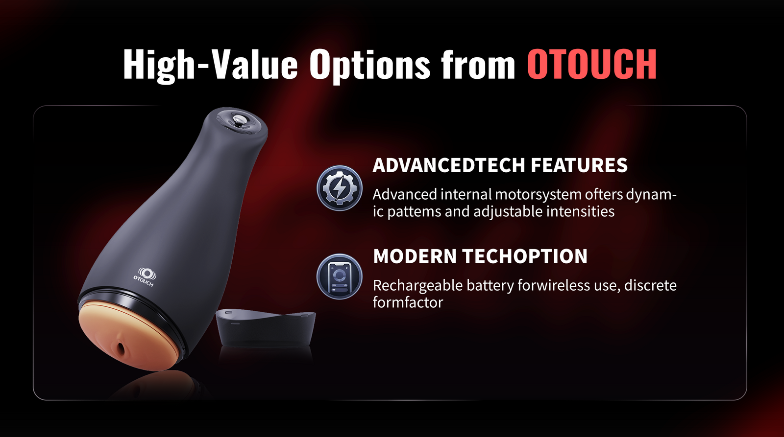 OTOUCH male masturbator product feature graphic showing a black ergonomic device next to text highlighting its advanced internal motor system, rechargeable battery, and discrete form factor.