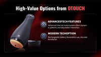 OTOUCH male masturbator product feature graphic showing a black ergonomic device next to text highlighting its advanced internal motor system, rechargeable battery, and discrete form factor.