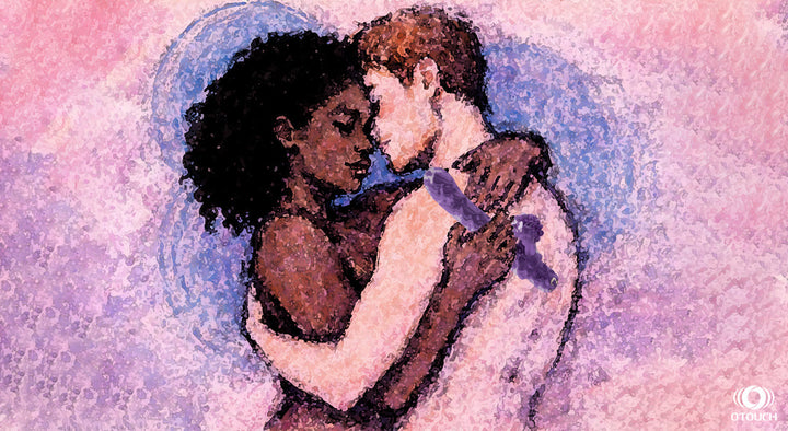 Illustrated couple in an intimate embrace, rendered in soft watercolor-style pink and blue tones, accompanying the article "Pleasure Without Shame: How Men and Women Can Embrace Sexual Wellness."