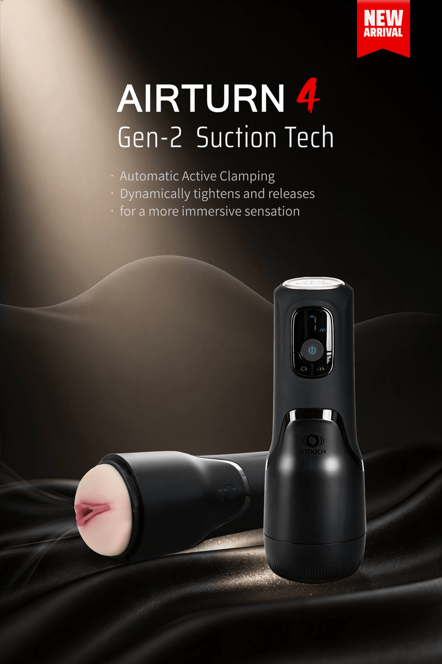 AIRTURN 4 Gen-2 suction tech device on a dark background with text highlighting features.