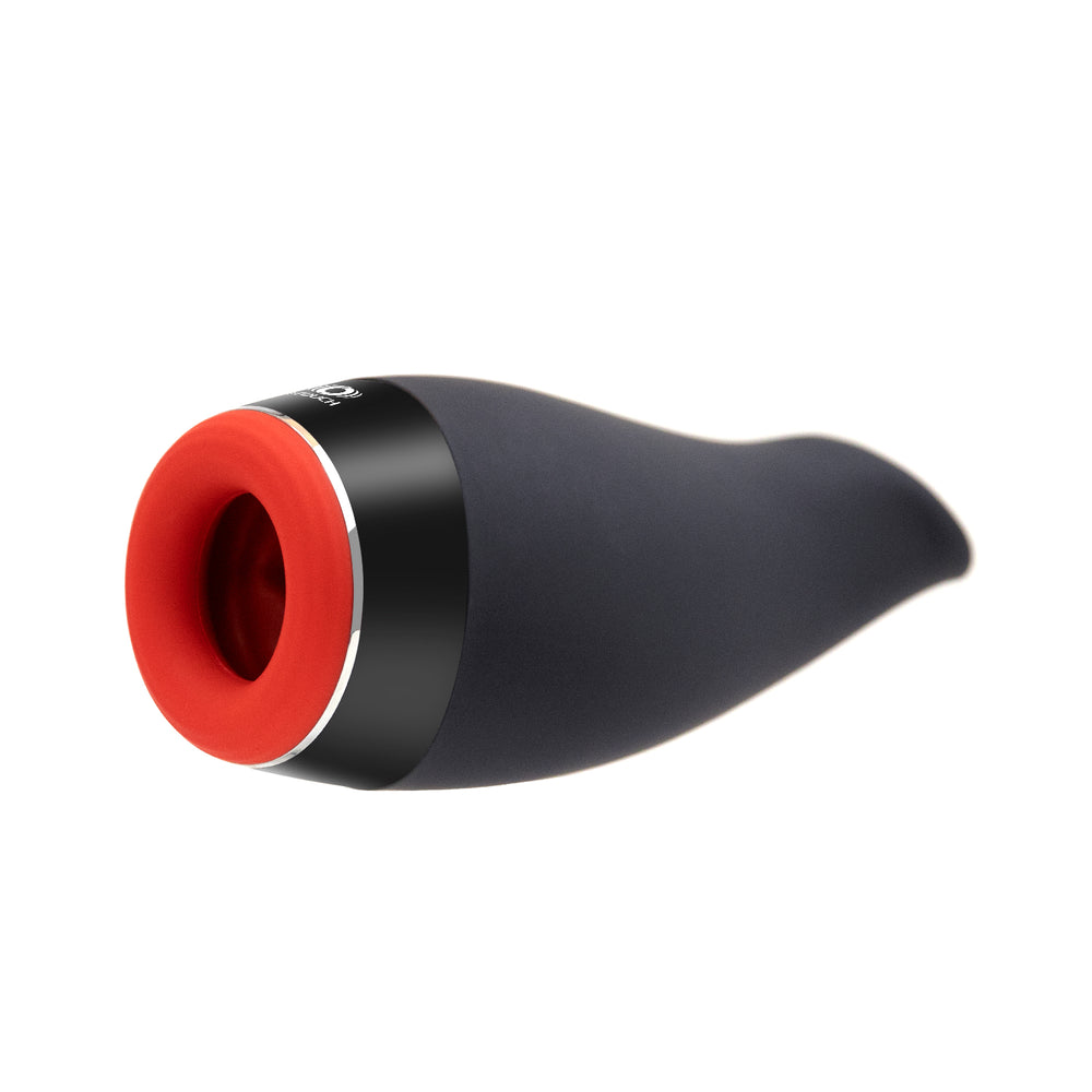 OTOUCH Pleasure Engine auto thrusting male masturbator angled side view showing ergonomic matte black body and red silicone opening
