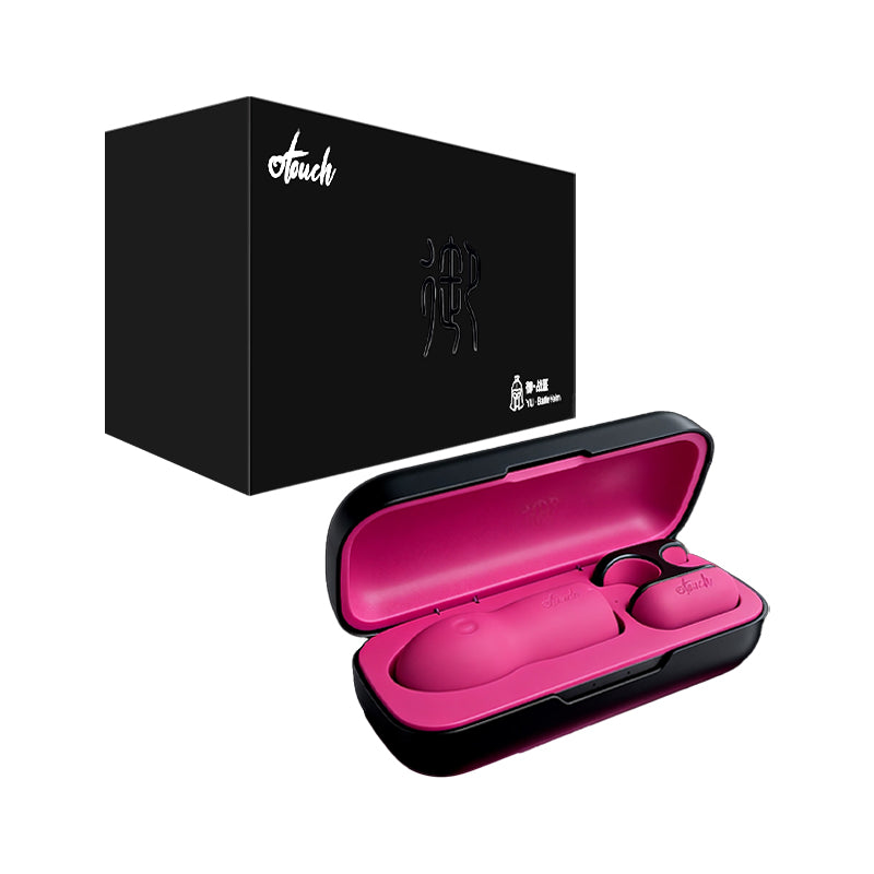 OTOUCH YU BattleHelm complete gift set – black luxury packaging box with open wireless charging case showing pink vibrator and extender