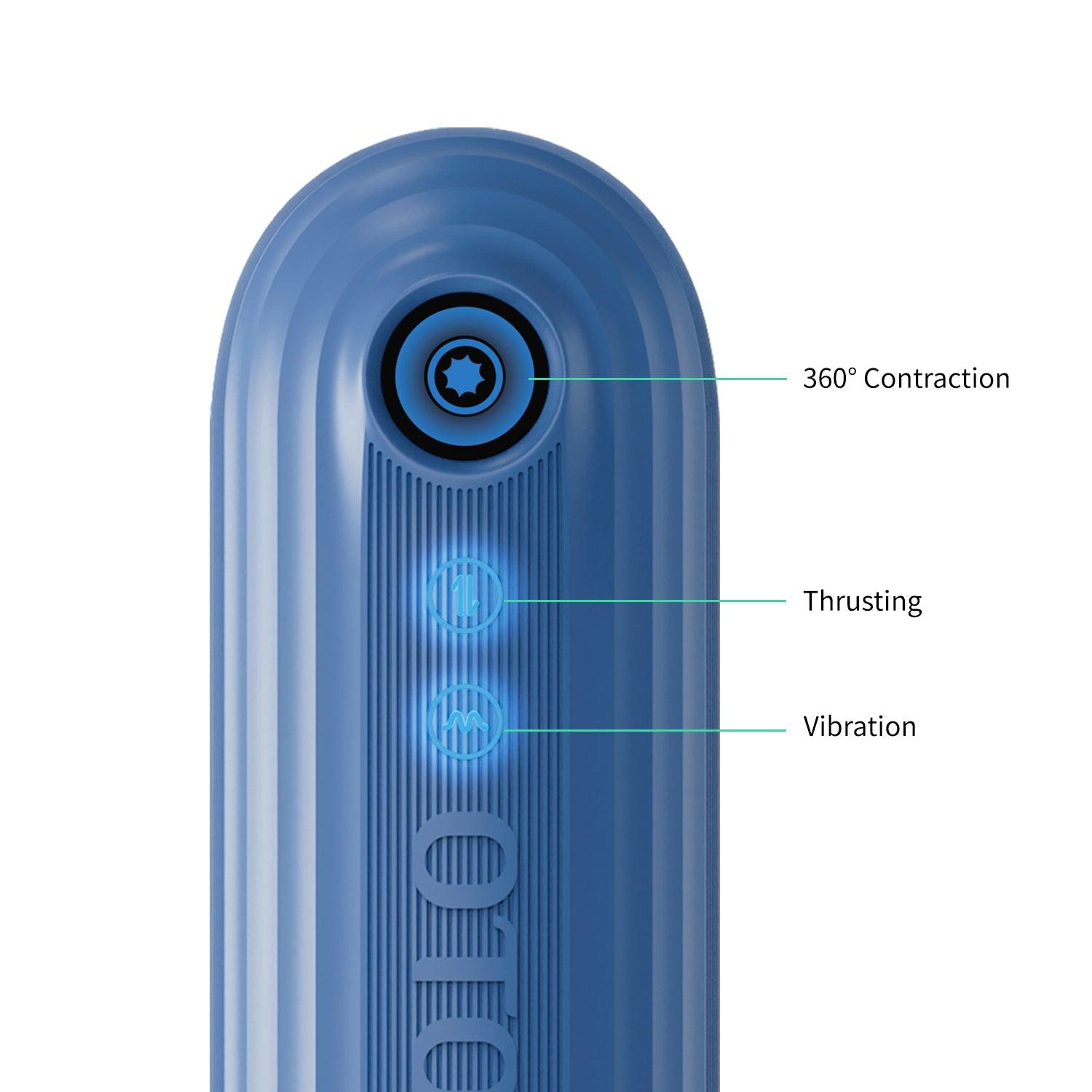 OTOUCH Submarine control panel close-up with labeled buttons showing 360-degree contraction thrusting and vibration functions on blue waterproof masturbator