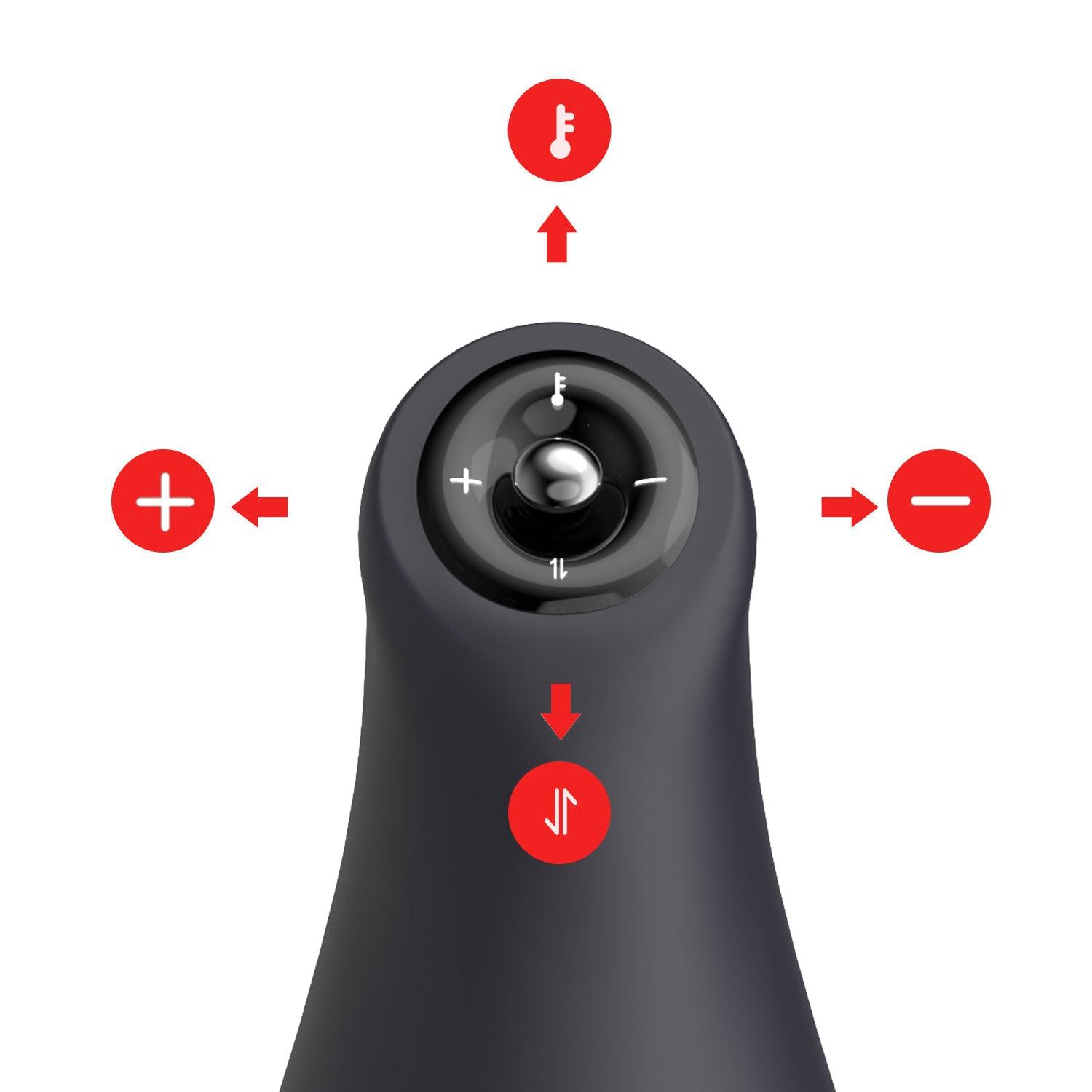 OTOUCH Pleasure Engine 4-way joystick control close-up showing heating function up vibration down and intensity plus minus for one-handed operation