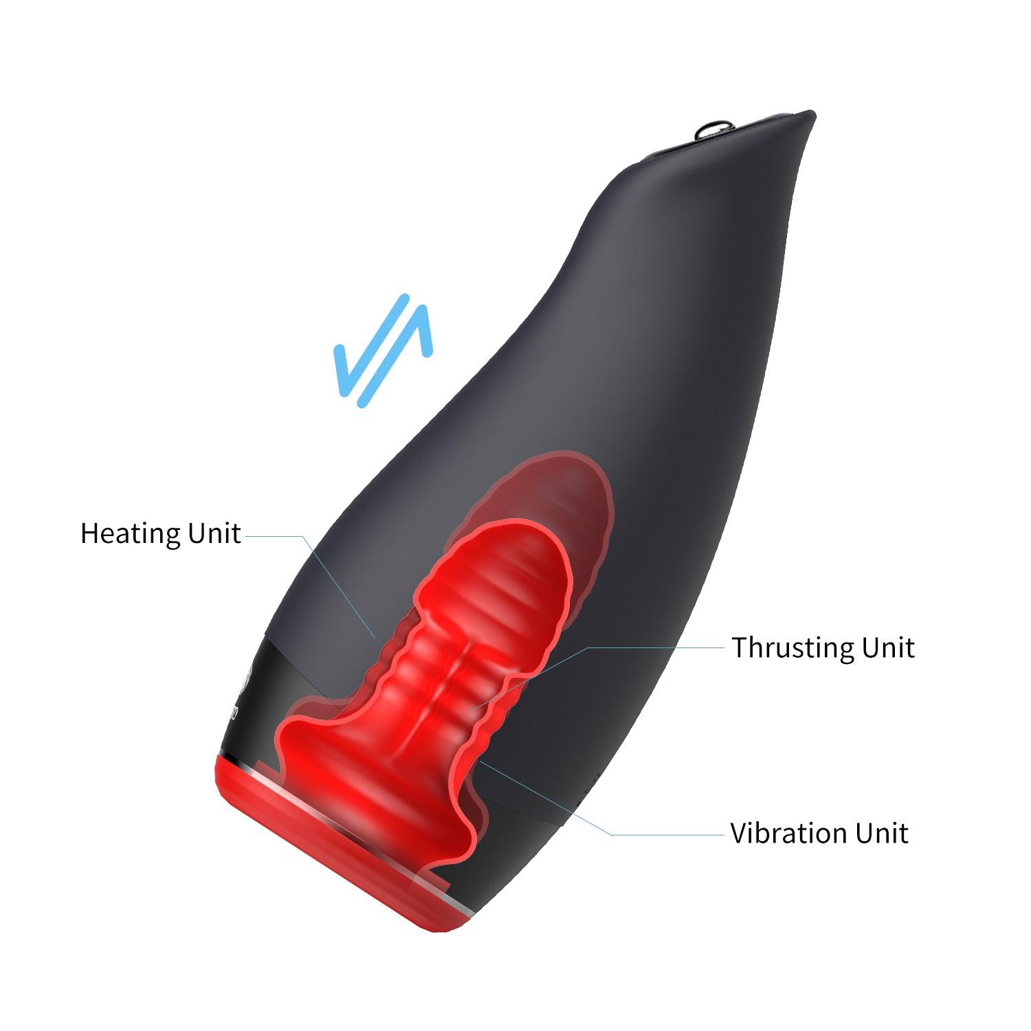 OTOUCH Pleasure Engine internal cross-section diagram showing heating unit thrusting unit and vibration unit inside male masturbator