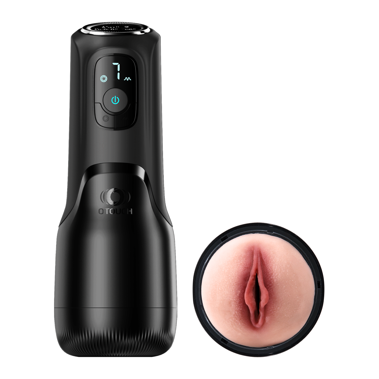 OTOUCH AIRTURN 4 vibrating suction masturbator front view with LED display panel and detached TPE inner sleeve