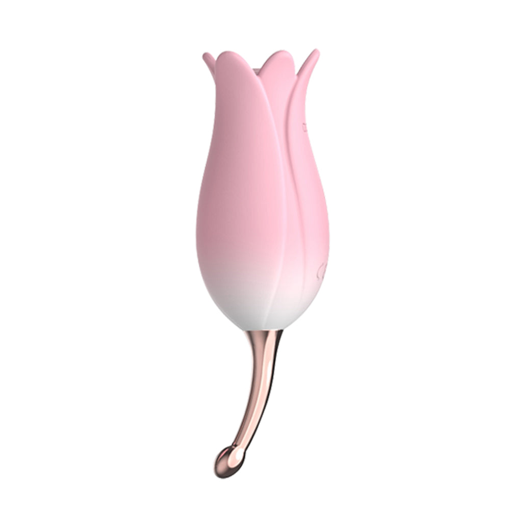 OTOUCH Bloom Tulip Ultrasonic Vibrator in pink featuring an ergonomic curved stem for deep G-spot stimulation .