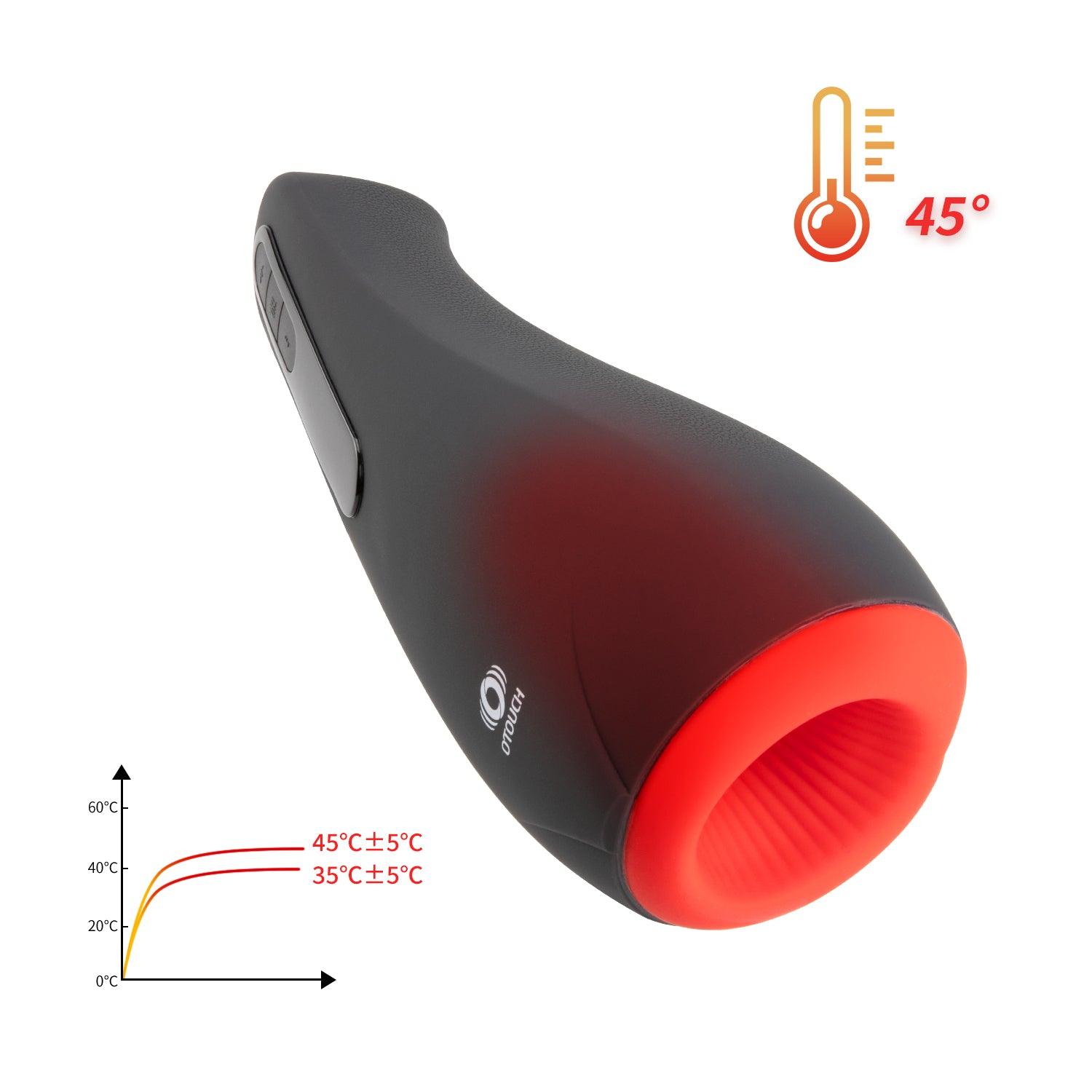 Otouch Airturn 1, a heated vibrating male masturbator with adjustable temperature between 35 and 45 degrees Celsius.