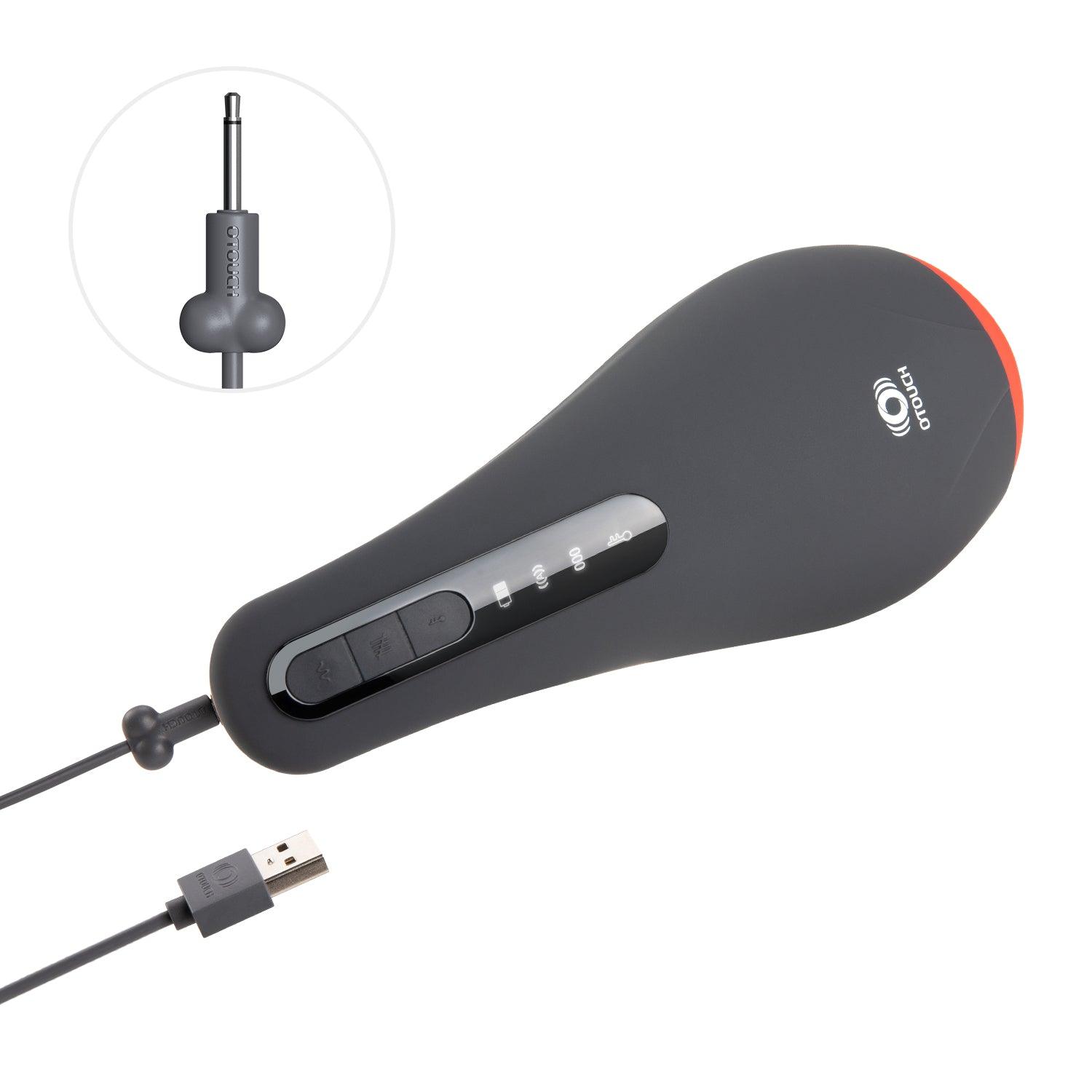 Otouch Airturn 1 smart male masturbator with unique Otouch charging connector and standard USB plug detail