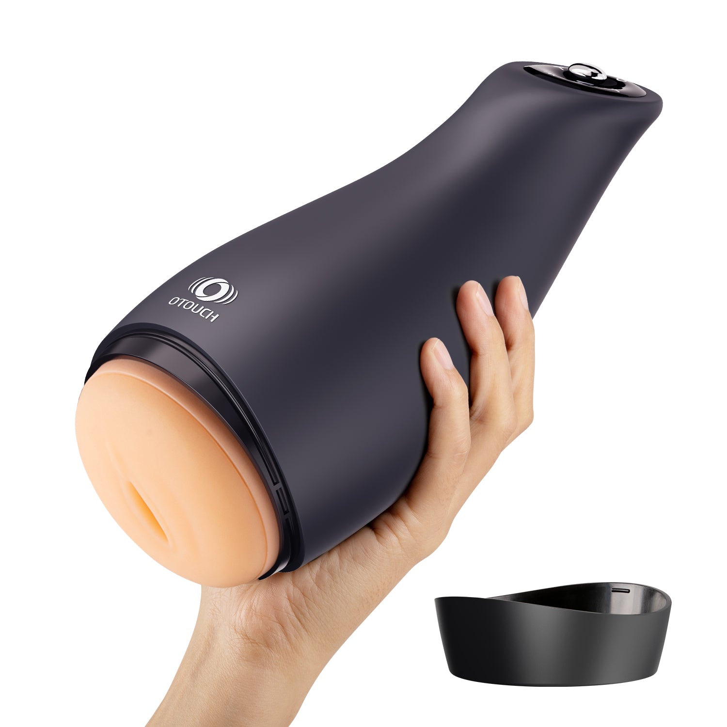 Hand holding a black and peach-colored product with 'Otouch' branding on a white background