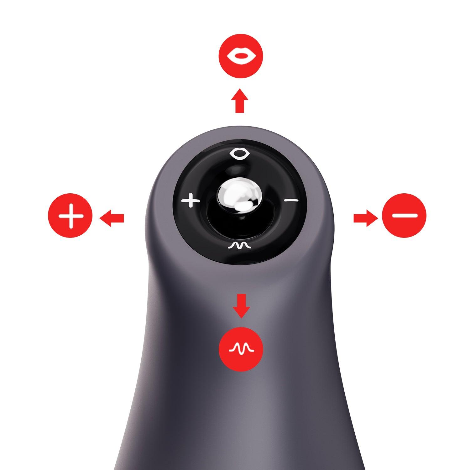 AIRTURN 3 Male Masturbator joystick controller interface showing sucking, vibration, and intensity adjustment icons.