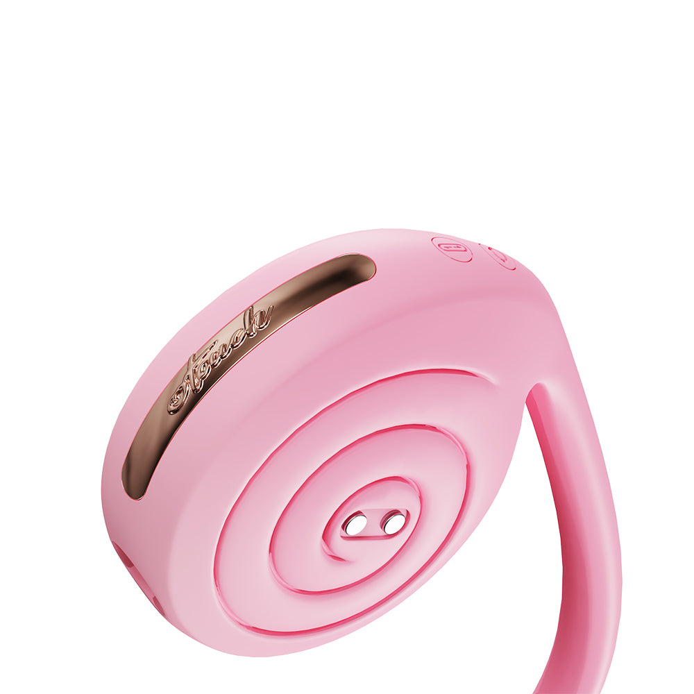 OTOUCH Lollipop pink clitoral suction head back close-up showing spiral design rose gold OTOUCH branding electromagnetic charging contacts and mode control buttons