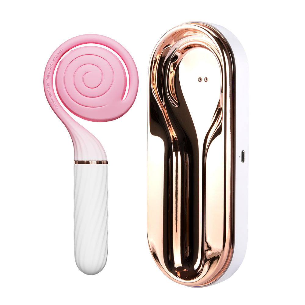 OTOUCH Lollipop pink dual stimulation vibrator with luxury rose gold magnetic charging storage box showing USB rechargeable case design