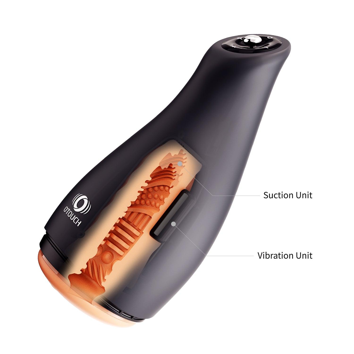 Internal cross-section view of the OTOUCH AIRTURN 3 showing the suction unit and vibration unit within the textured silicone sleeve
