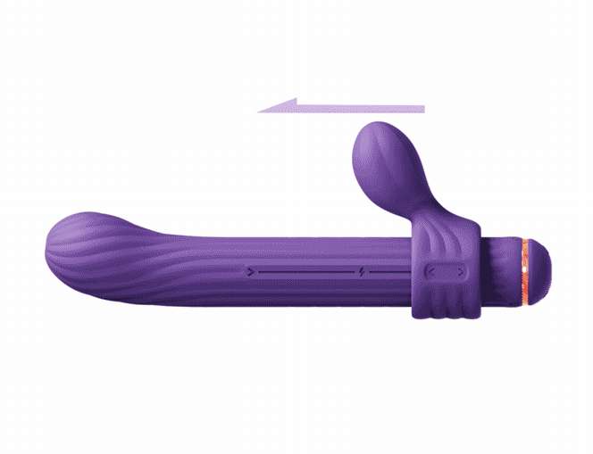 Purple silicone vibrator with a curved, ribbed shaft and a clitoral stimulator, showing an arrow indicating motion.