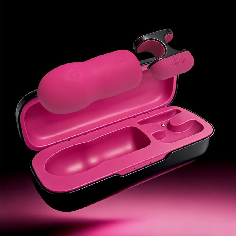 OTOUCH YU BattleHelm open charging case interior – showing both devices seated in magnetic wireless charging slots