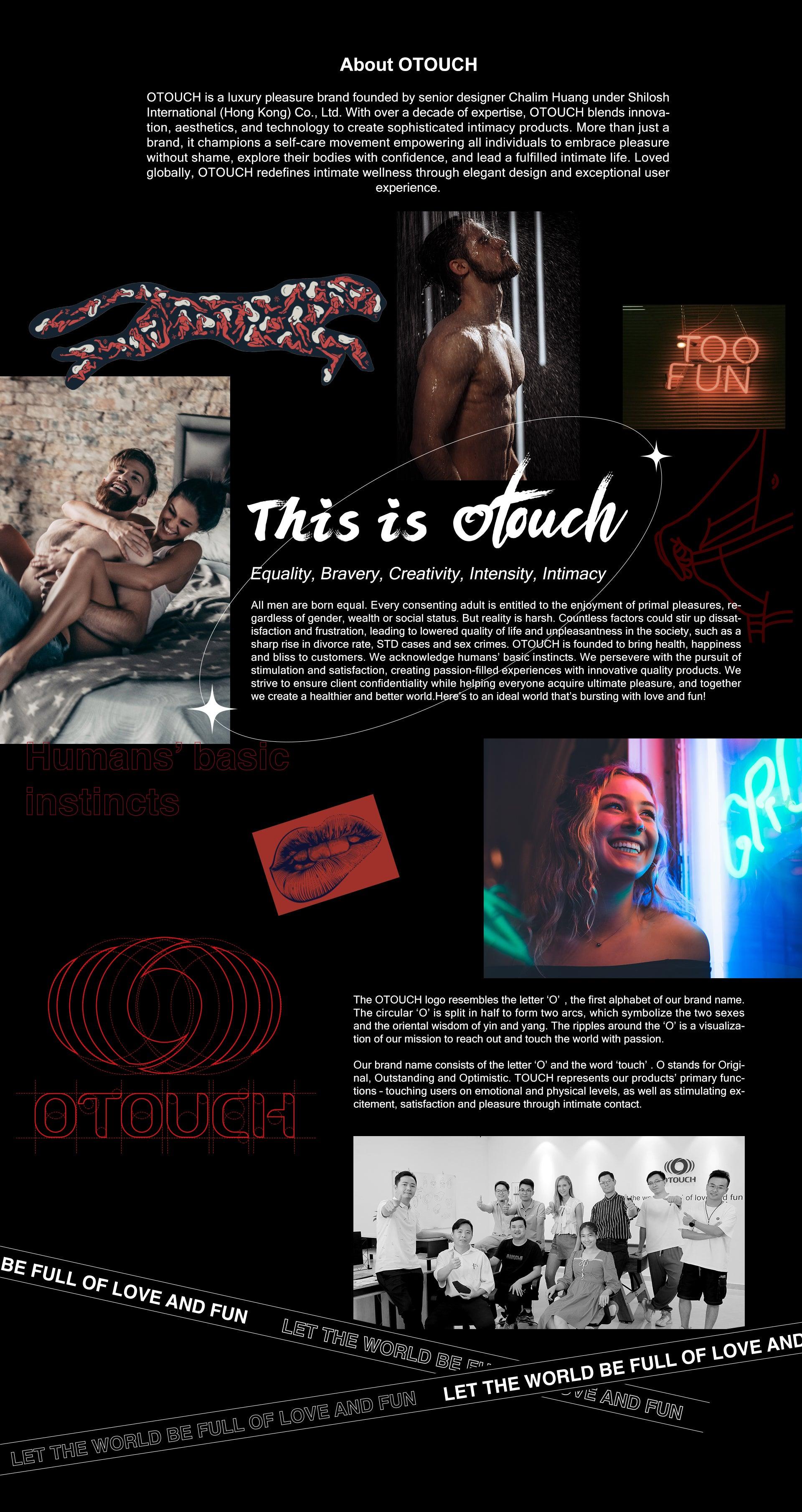 Promotional material for a brand or organization with text and images of people, including a black t-shirt with 'This is Touch' text.